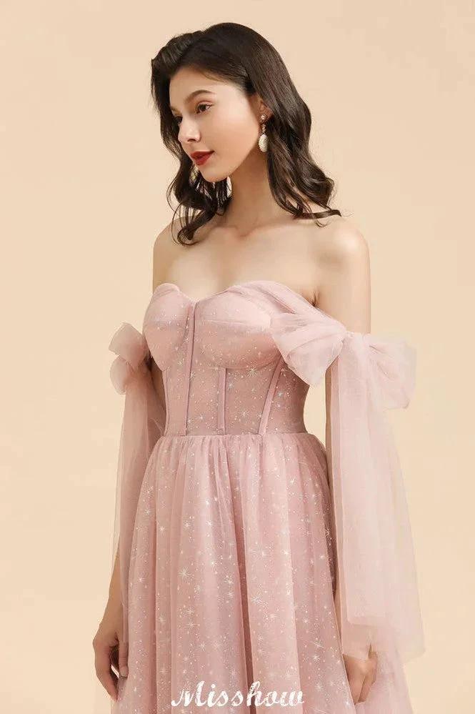 V-Neck Ruffle Chffion Sleeves Aline Bridesmaid Dress Dusty Pink Wedding party Dress by misshow.com