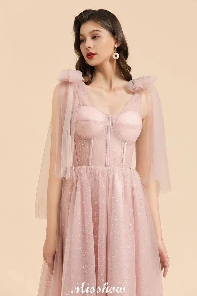 V-Neck Ruffle Chffion Sleeves Aline Bridesmaid Dress Dusty Pink Wedding party Dress by misshow.com