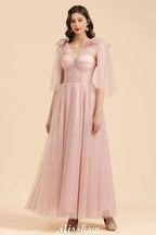 V-Neck Ruffle Chffion Sleeves Aline Bridesmaid Dress Dusty Pink Wedding party Dress by misshow.com