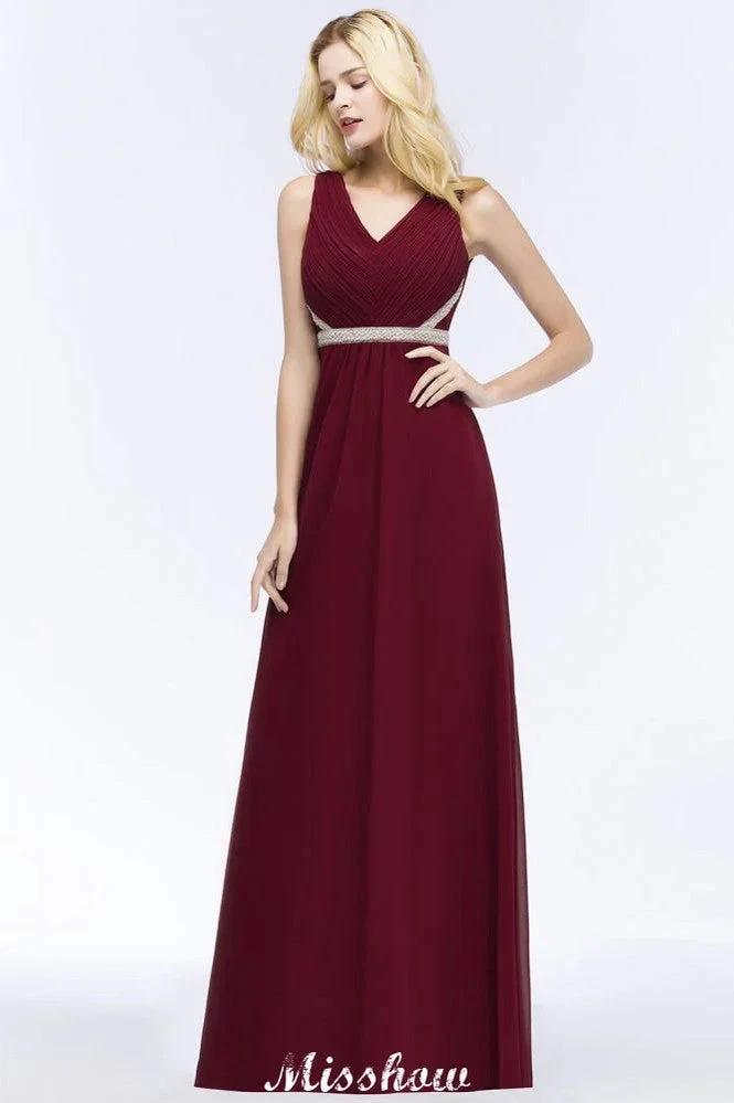 V-neck Ruffled Floor-Length Beading Bridesmaid Dresses A-line Chiffon with Sash by misshow.com