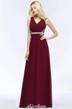 V-neck Ruffled Floor-Length Beading Bridesmaid Dresses A-line Chiffon with Sash by misshow.com