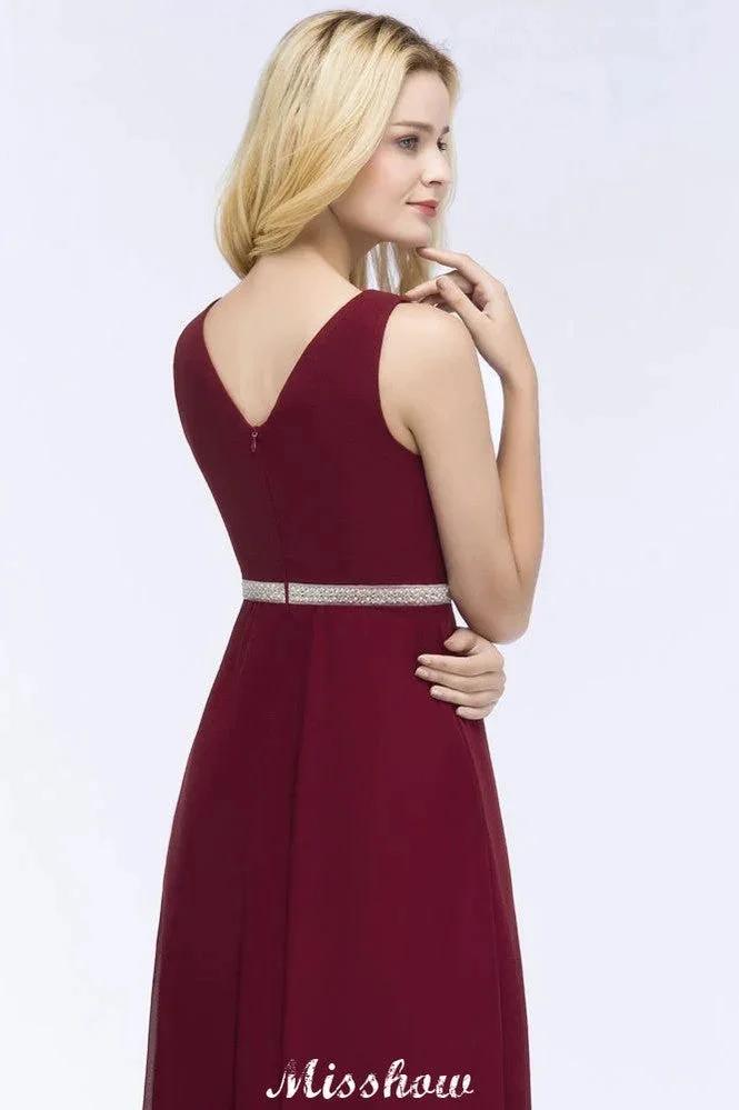 V-neck Ruffled Floor-Length Beading Bridesmaid Dresses A-line Chiffon with Sash by misshow.com
