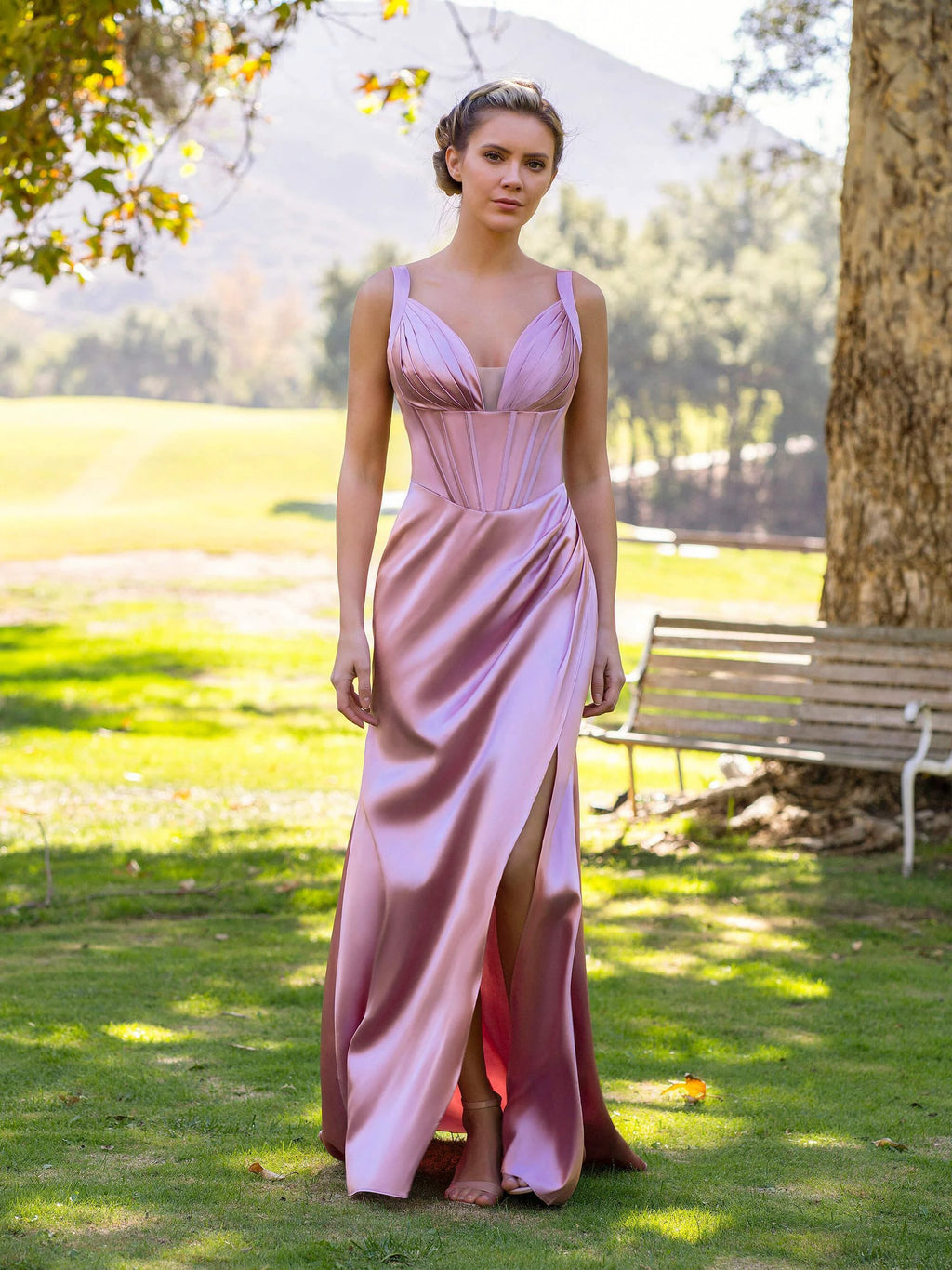 Sheath Pink V-neck Satin Floor Length Prom Dress by Anne of Brittany