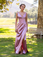 Sheath Pink V-neck Satin Floor Length Prom Dress by Anne of Brittany
