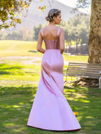 Sheath Pink V-neck Satin Floor Length Prom Dress by Anne of Brittany
