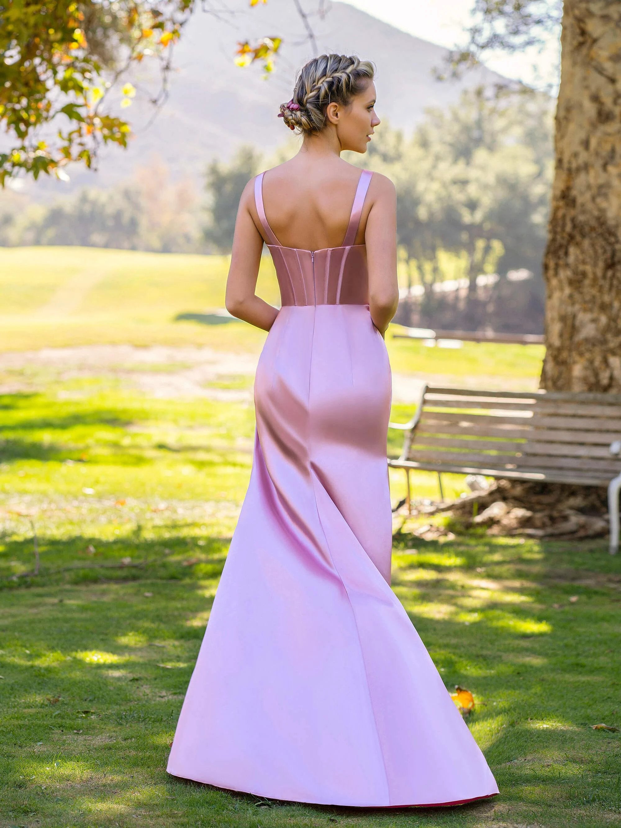 Sheath Pink V-neck Satin Floor Length Prom Dress by Anne of Brittany