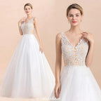 V-Neck See-through Lace Aline Wedding Dress Floor length Princess Bridal Gown by misshow.com