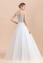 V-Neck See-through Lace Aline Wedding Dress Floor length Princess Bridal Gown by misshow.com
