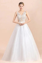V-Neck See-through Lace Aline Wedding Dress Floor length Princess Bridal Gown by misshow.com