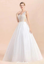 V-Neck See-through Lace Aline Wedding Dress Floor length Princess Bridal Gown by misshow.com