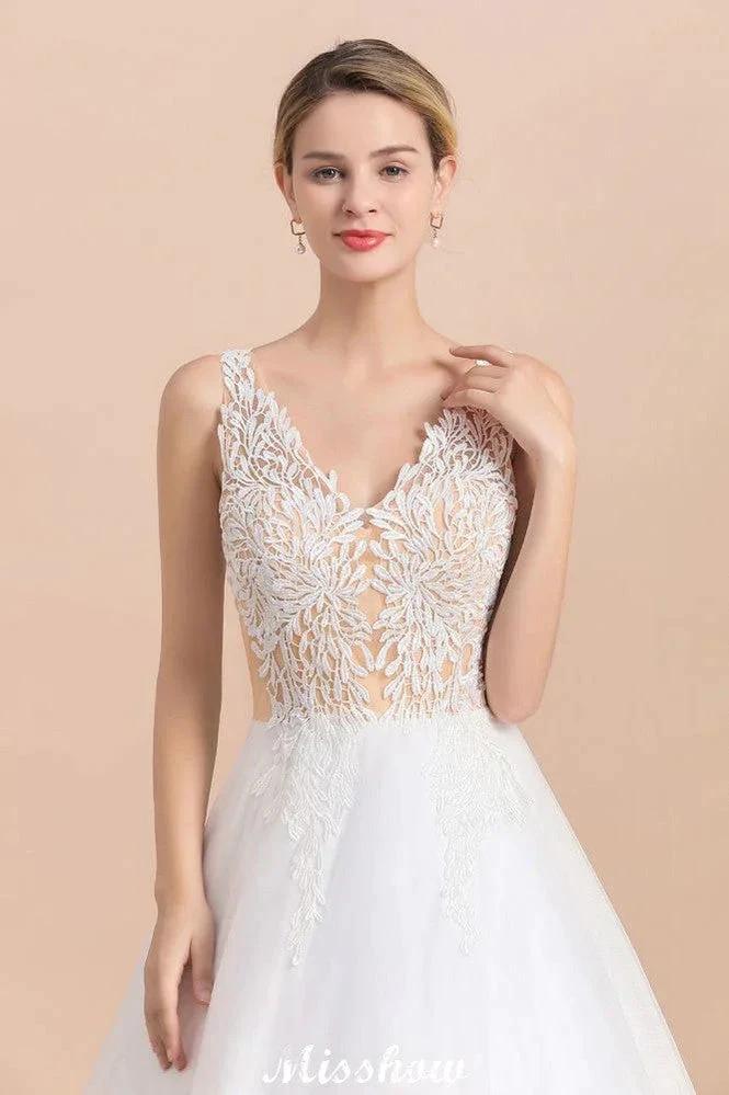 V-Neck See-through Lace Aline Wedding Dress Floor length Princess Bridal Gown by misshow.com