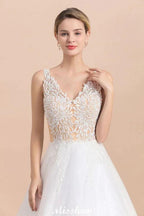 V-Neck See-through Lace Aline Wedding Dress Floor length Princess Bridal Gown by misshow.com