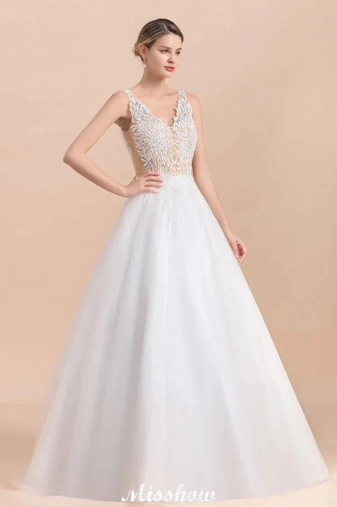 V-Neck See-through Lace Aline Wedding Dress Floor length Princess Bridal Gown by misshow.com