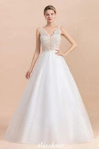 V-Neck See-through Lace Aline Wedding Dress Floor length Princess Bridal Gown by misshow.com