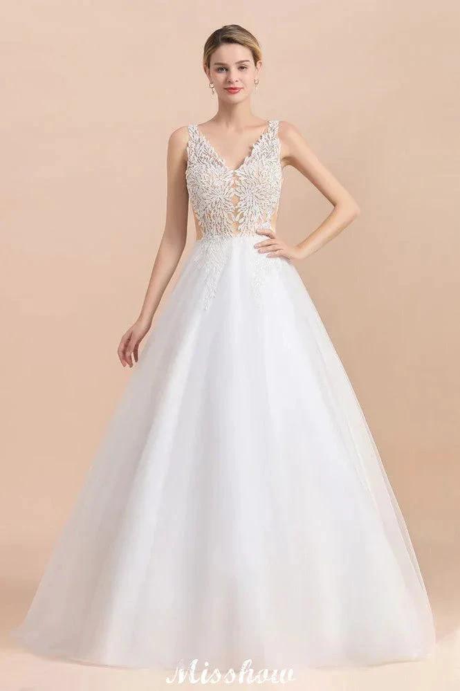 V-Neck See-through Lace Aline Wedding Dress Floor length Princess Bridal Gown by misshow.com