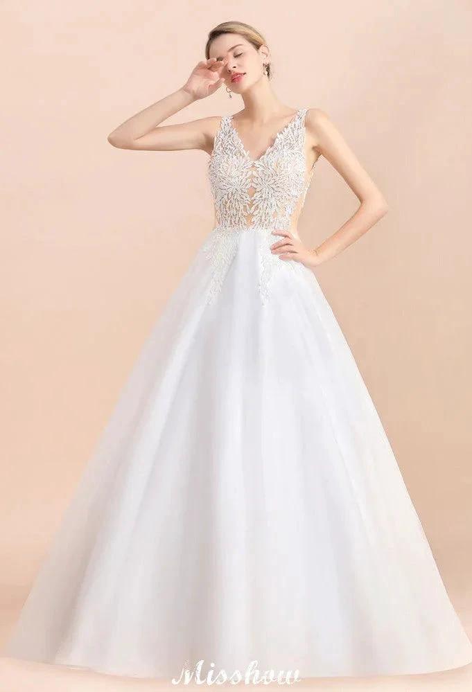 V-Neck See-through Lace Aline Wedding Dress Floor length Princess Bridal Gown by misshow.com