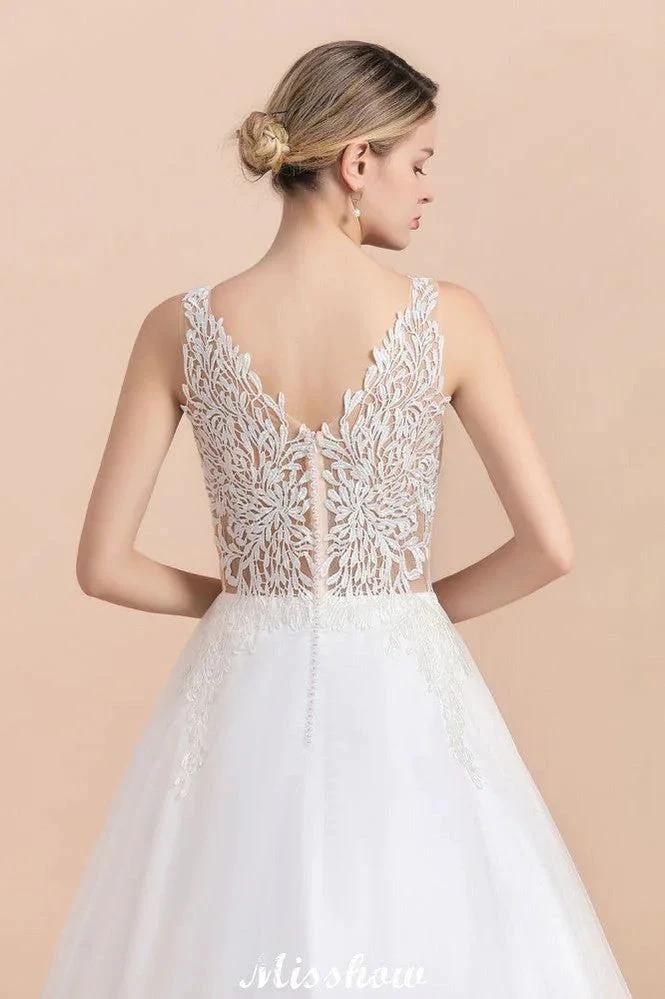 V-Neck See-through Lace Aline Wedding Dress Floor length Princess Bridal Gown by misshow.com