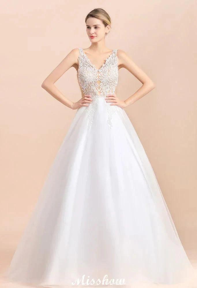 V-Neck See-through Lace Aline Wedding Dress Floor length Princess Bridal Gown by misshow.com