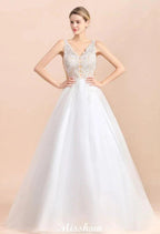 V-Neck See-through Lace Aline Wedding Dress Floor length Princess Bridal Gown by misshow.com