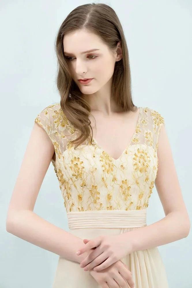 V-neck Sequined Top A-line Floor Length Chiffon Prom Dresses by misshow.com