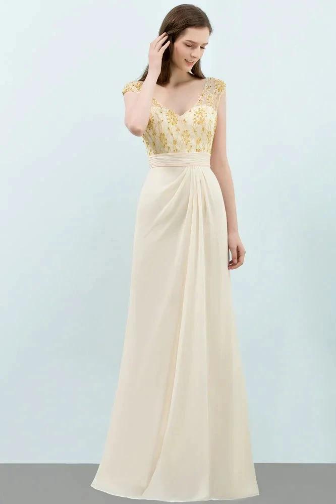 V-neck Sequined Top A-line Floor Length Chiffon Prom Dresses by misshow.com