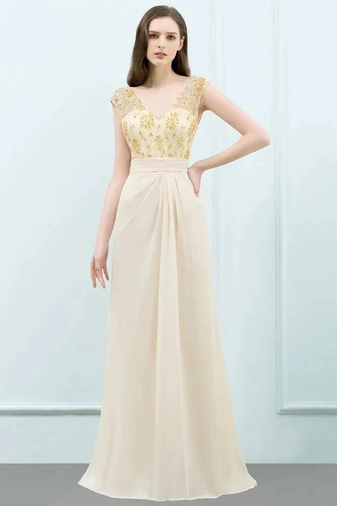 V-neck Sequined Top A-line Floor Length Chiffon Prom Dresses by misshow.com