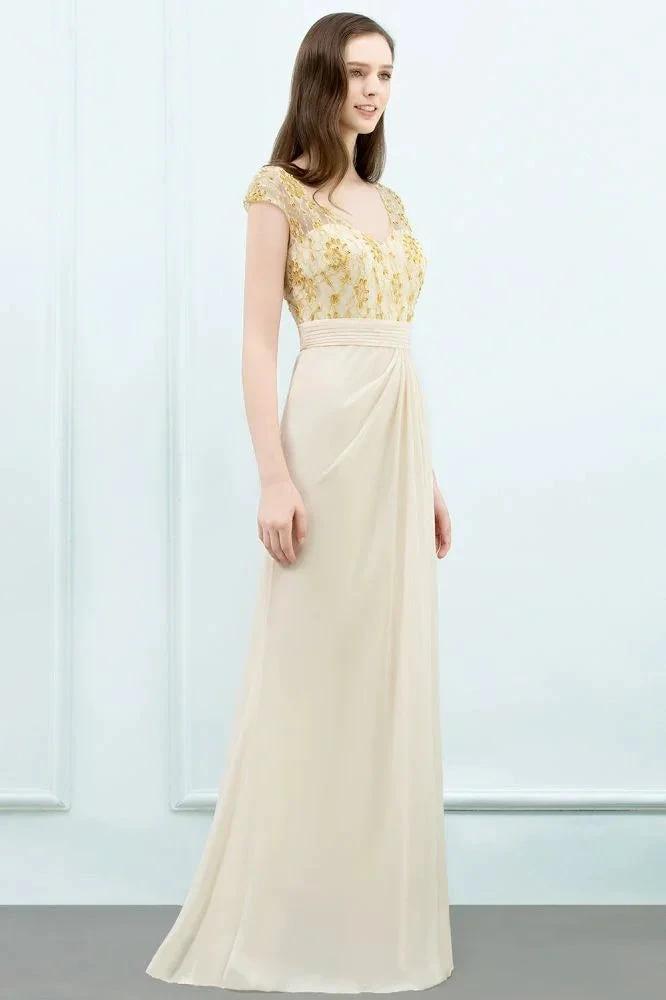 V-neck Sequined Top A-line Floor Length Chiffon Prom Dresses by misshow.com