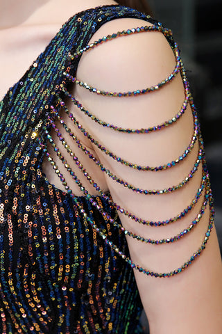 Vestido de noche largo con lentejuelas y escote en V y abertura