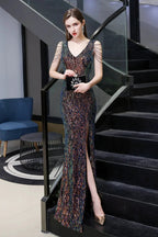 V-Neck Sequins Long Evening Dress With Split by BIZTUNNEL