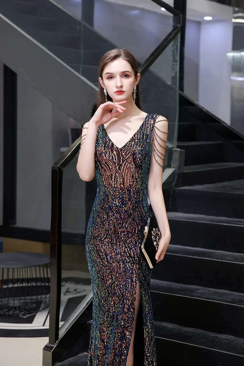 V-Neck Sequins Long Evening Dress With Split by BIZTUNNEL