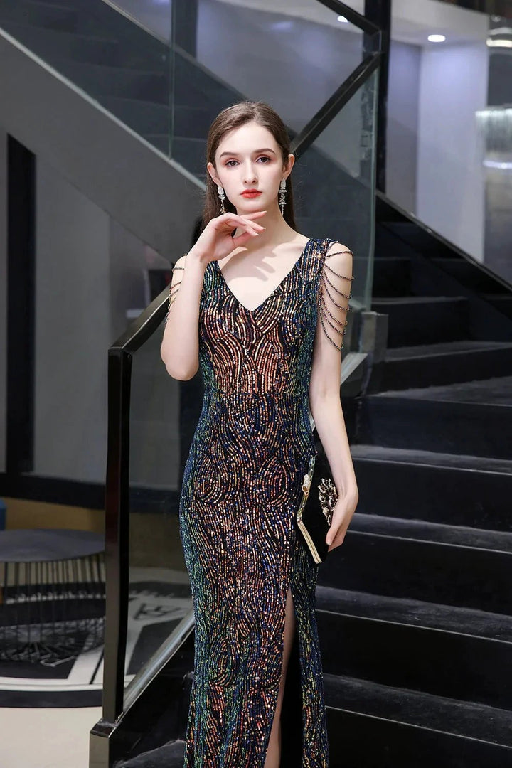 V-Neck Sequins Long Evening Dress With Split by BIZTUNNEL
