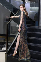 V-Neck Sequins Long Evening Dress With Split by BIZTUNNEL