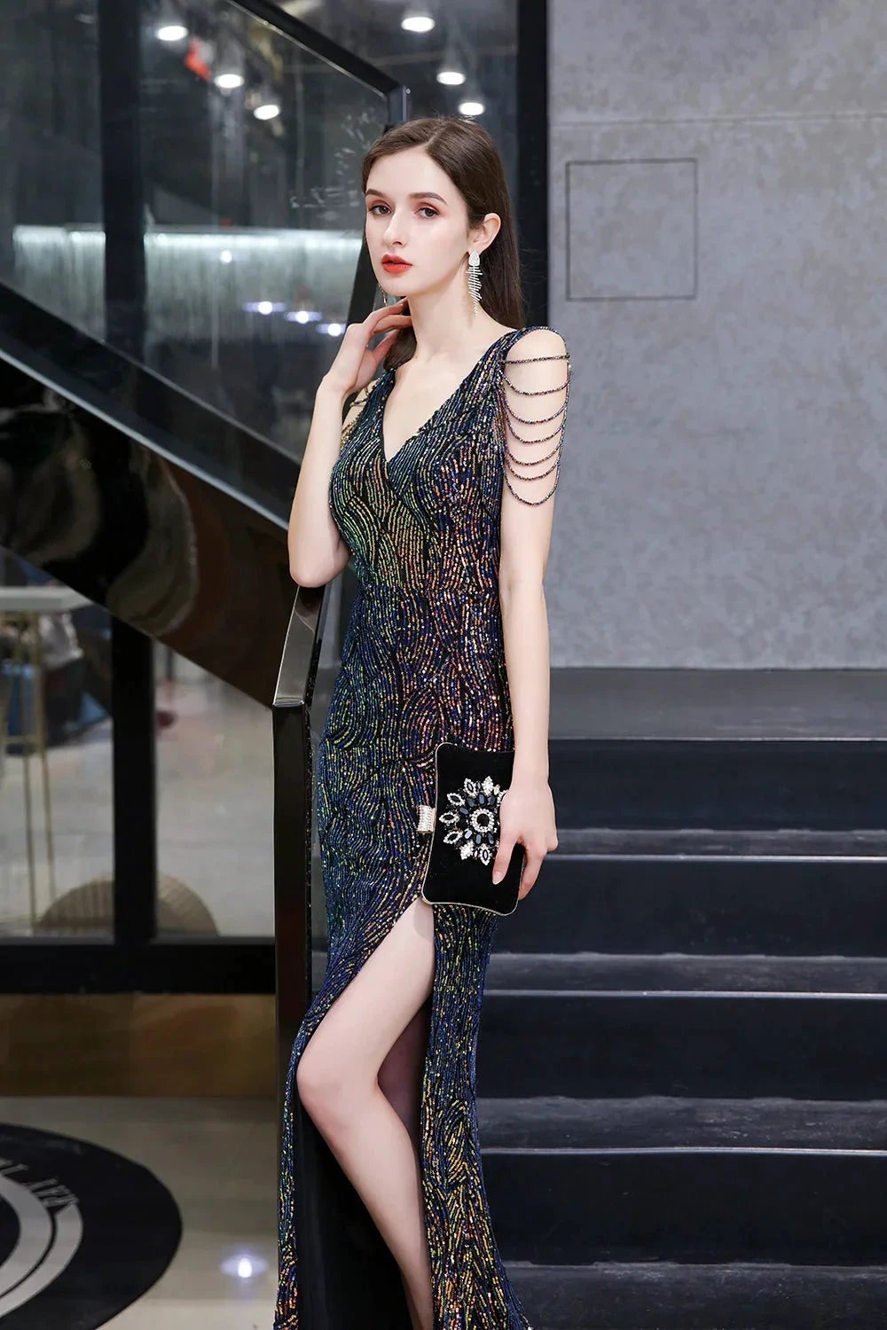 V-Neck Sequins Long Evening Dress With Split by BIZTUNNEL