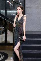 V-Neck Sequins Long Evening Dress With Split by BIZTUNNEL