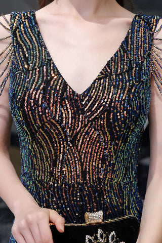 Vestido de noche largo con lentejuelas y escote en V y abertura