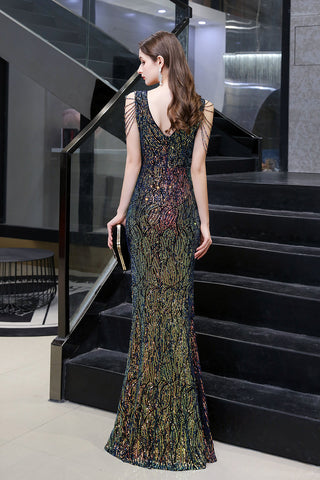 Vestido de noche largo con lentejuelas y escote en V y abertura