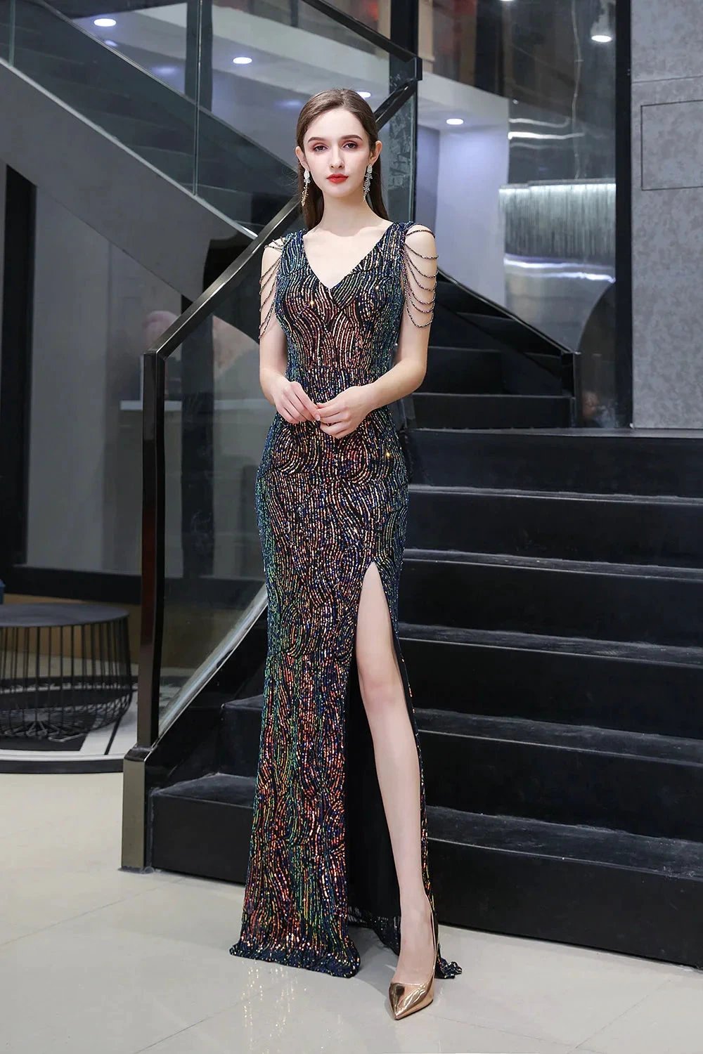 V-Neck Sequins Long Evening Dress With Split by BIZTUNNEL