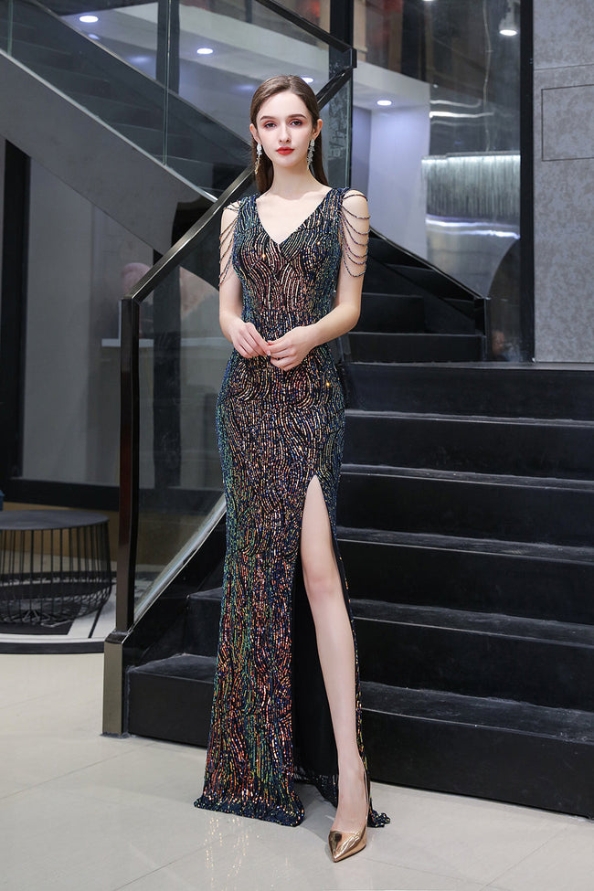 V-Neck Sequins Long Evening Dress With Split Hover Image