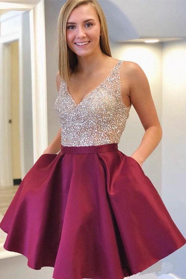 V-Neck Short Beaded Homecoming Dress Cute Cocktail Party Dress PD331 by pgmdress