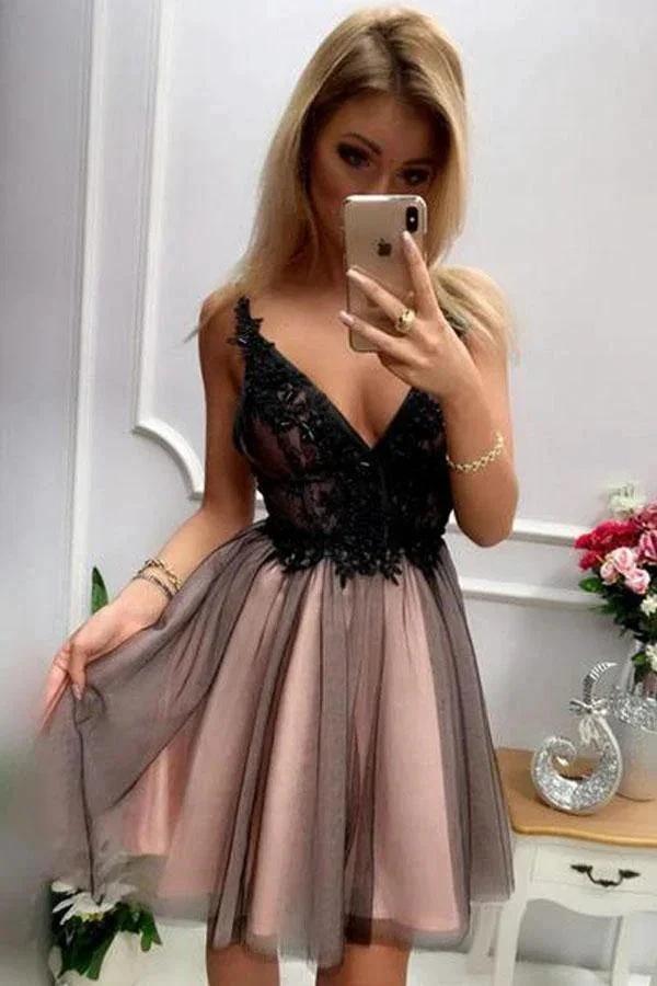 V-neck Short Homecoming Dresses Beaded Short Formal Dress PD395 by pgmdress