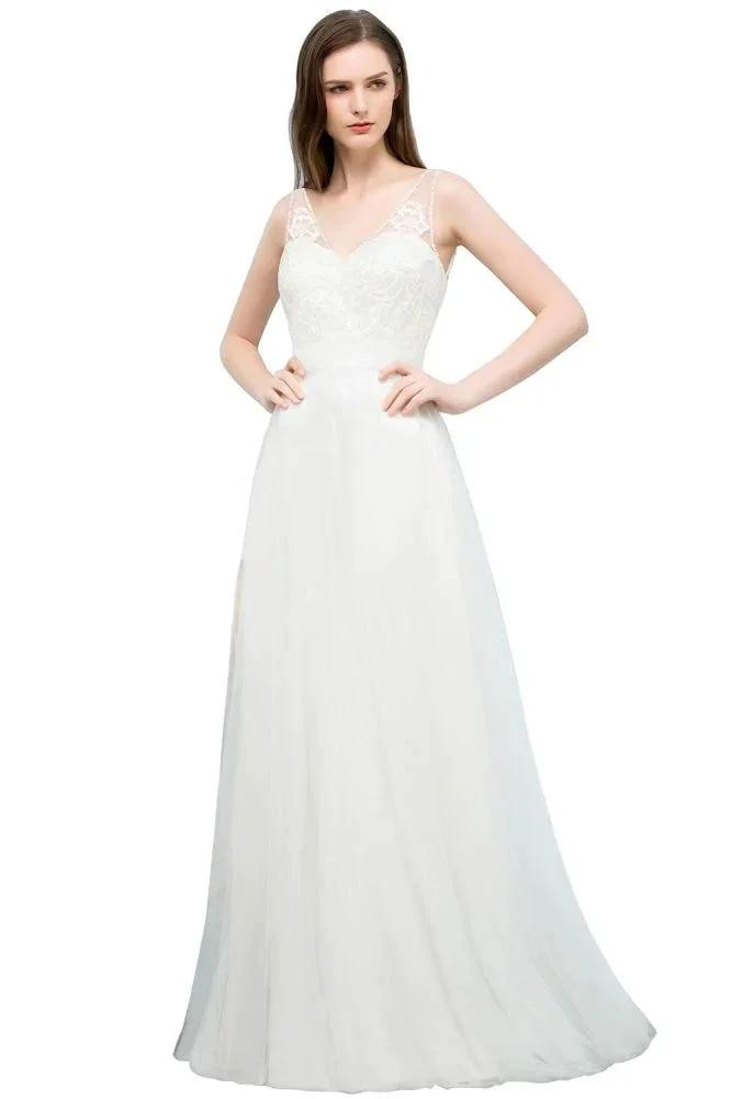 V-neck Sleeveless A-line Floor Length Lace Tulle Prom Dresses by misshow.com
