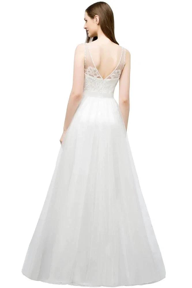 V-neck Sleeveless A-line Floor Length Lace Tulle Prom Dresses by misshow.com