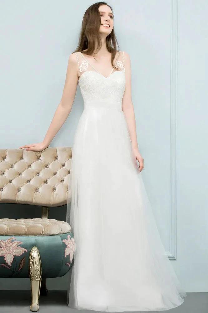 V-neck Sleeveless A-line Floor Length Lace Tulle Prom Dresses by misshow.com