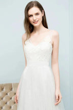 V-neck Sleeveless A-line Floor Length Lace Tulle Prom Dresses by misshow.com
