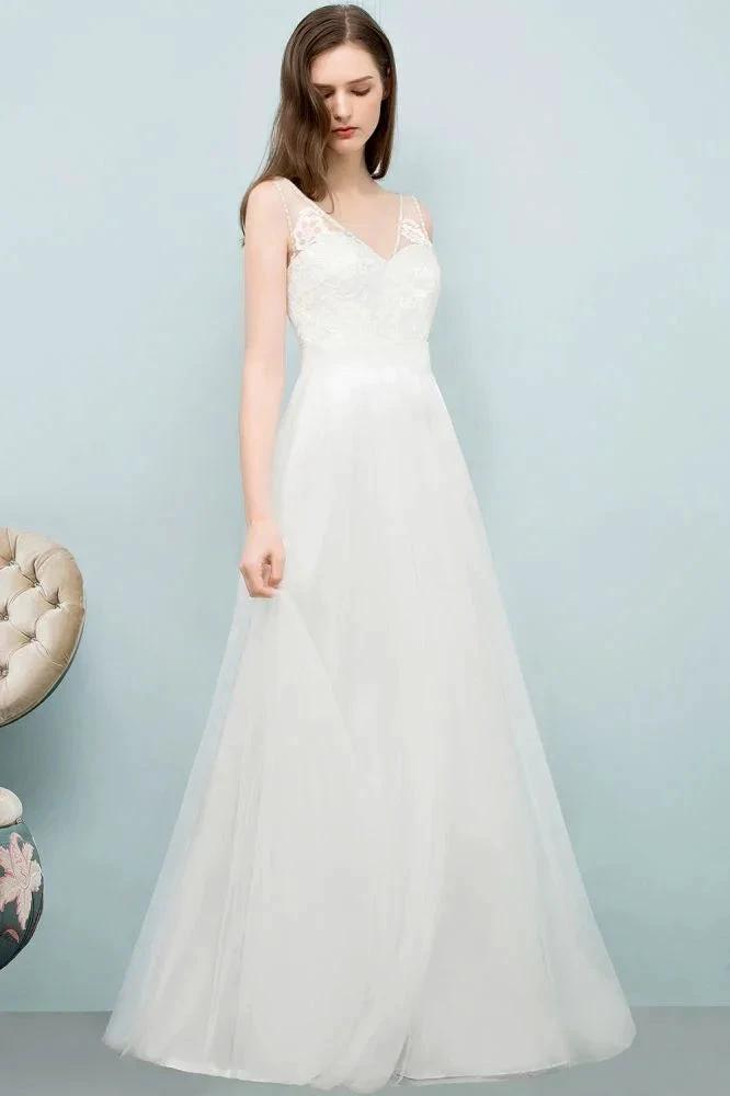 V-neck Sleeveless A-line Floor Length Lace Tulle Prom Dresses by misshow.com