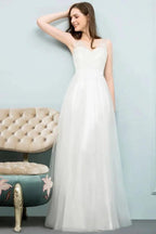 V-neck Sleeveless A-line Floor Length Lace Tulle Prom Dresses by misshow.com