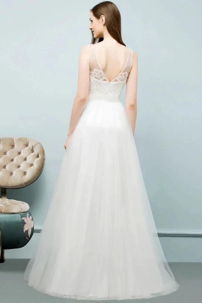 V-neck Sleeveless A-line Floor Length Lace Tulle Prom Dresses by misshow.com