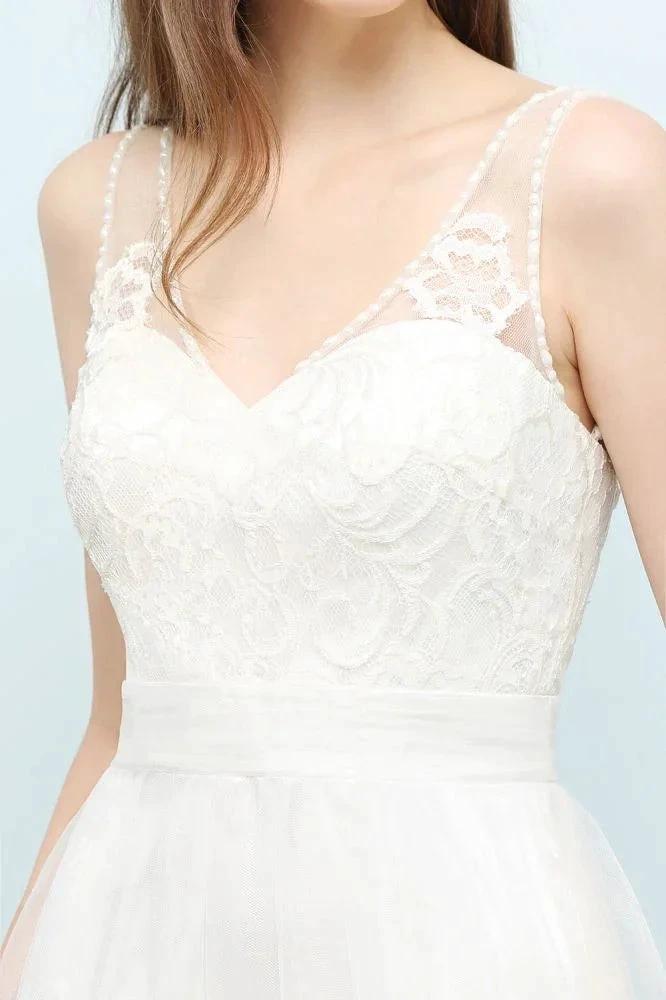 V-neck Sleeveless A-line Floor Length Lace Tulle Prom Dresses by misshow.com