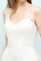 V-neck Sleeveless A-line Floor Length Lace Tulle Prom Dresses by misshow.com