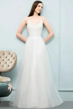 V-neck Sleeveless A-line Floor Length Lace Tulle Prom Dresses by misshow.com